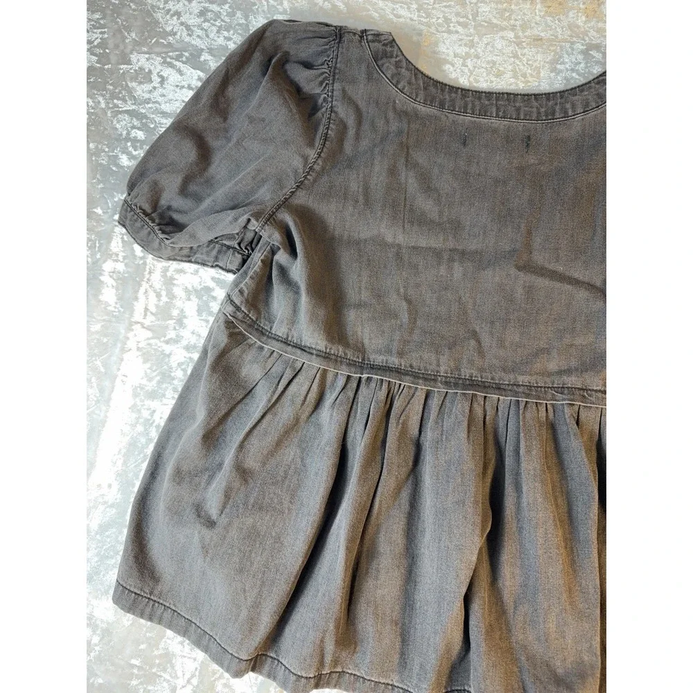 Madewell Chambray Peplum Top XS Puff Sleeve Square Neck Babydoll Cottagecore